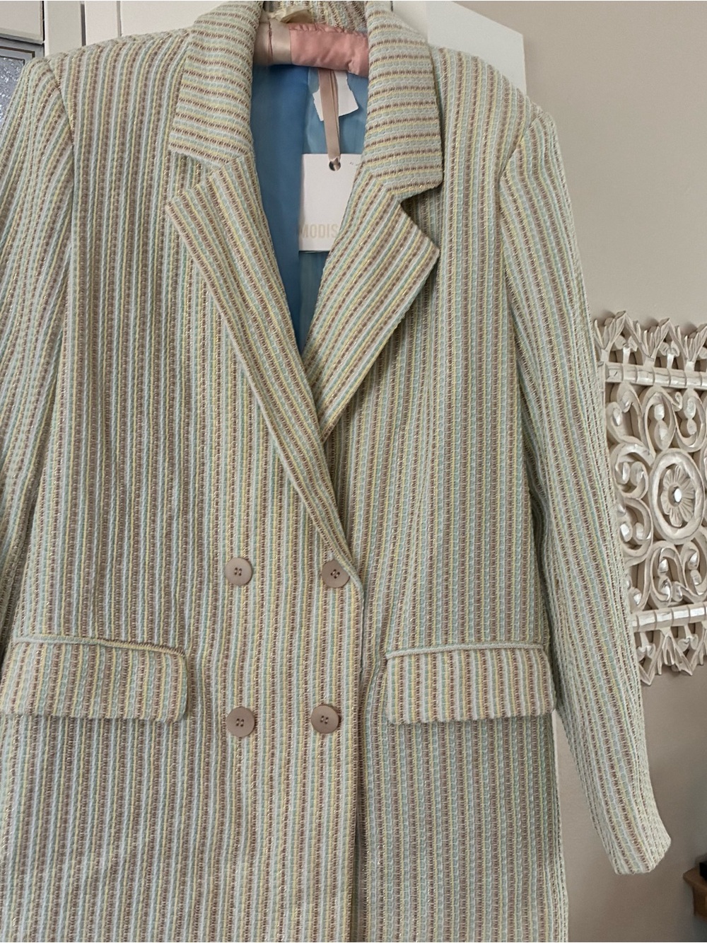 Double-Breasted Striped Blazer in Light Green